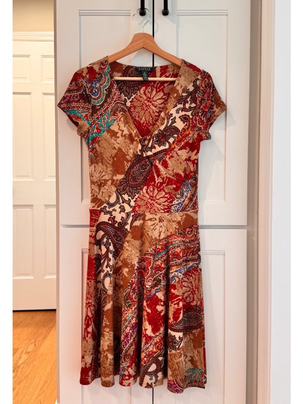 Vintage Lauren Ralph Lauren Dress Size Medium Brown Paisley Faux Wrap V-Neck